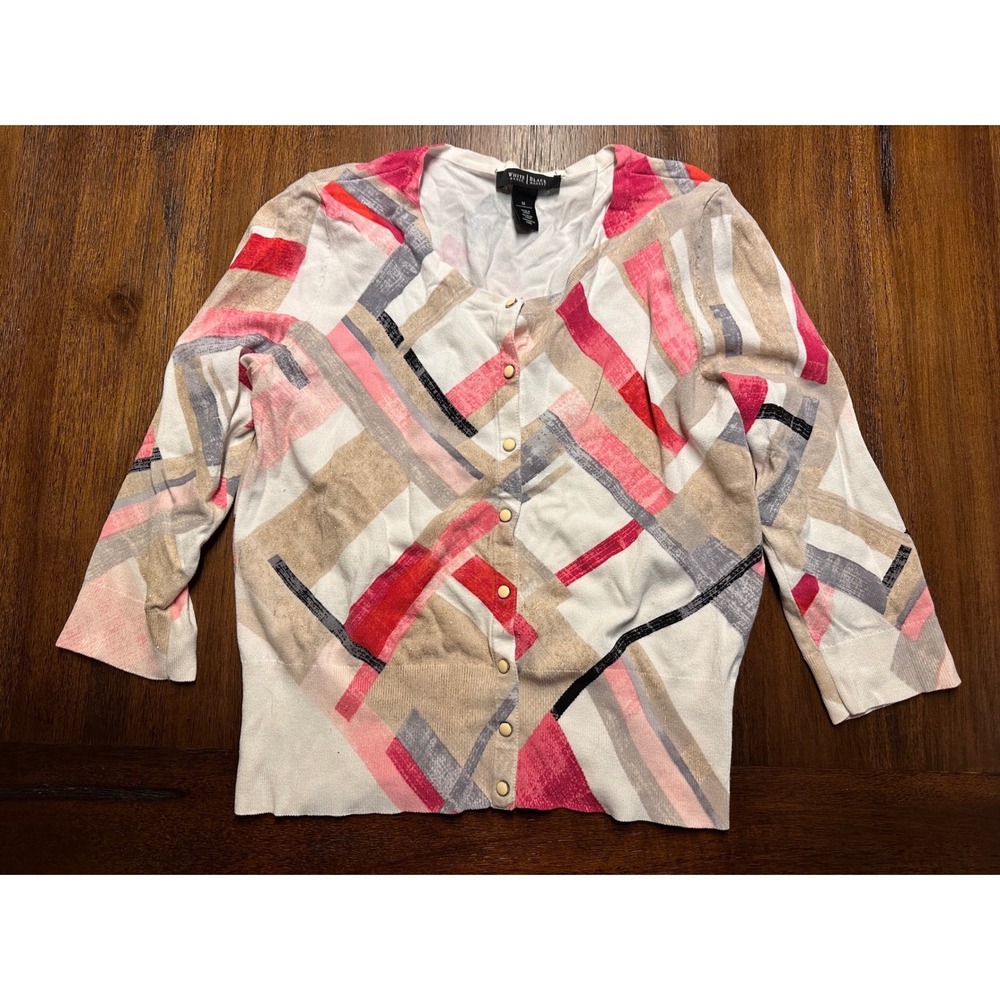 White House Black Market Abstract Geometric Button Front Cardigan Pink Red M